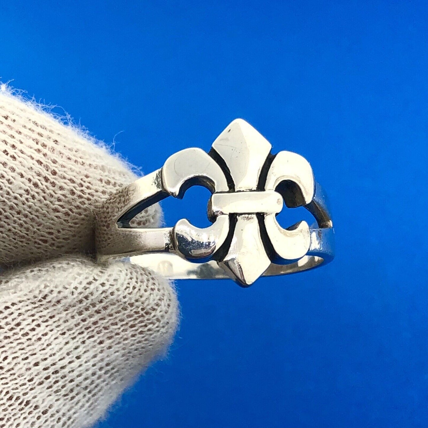 Estate Sterling Silver 925 Openwork Fleur De Lis Statement Size 13 Ring