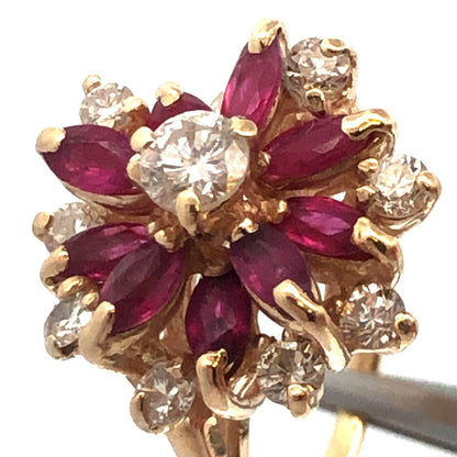 Vintage 14K Yellow Gold Round Diamond Marquise Lab Created Ruby Cocktail Ring