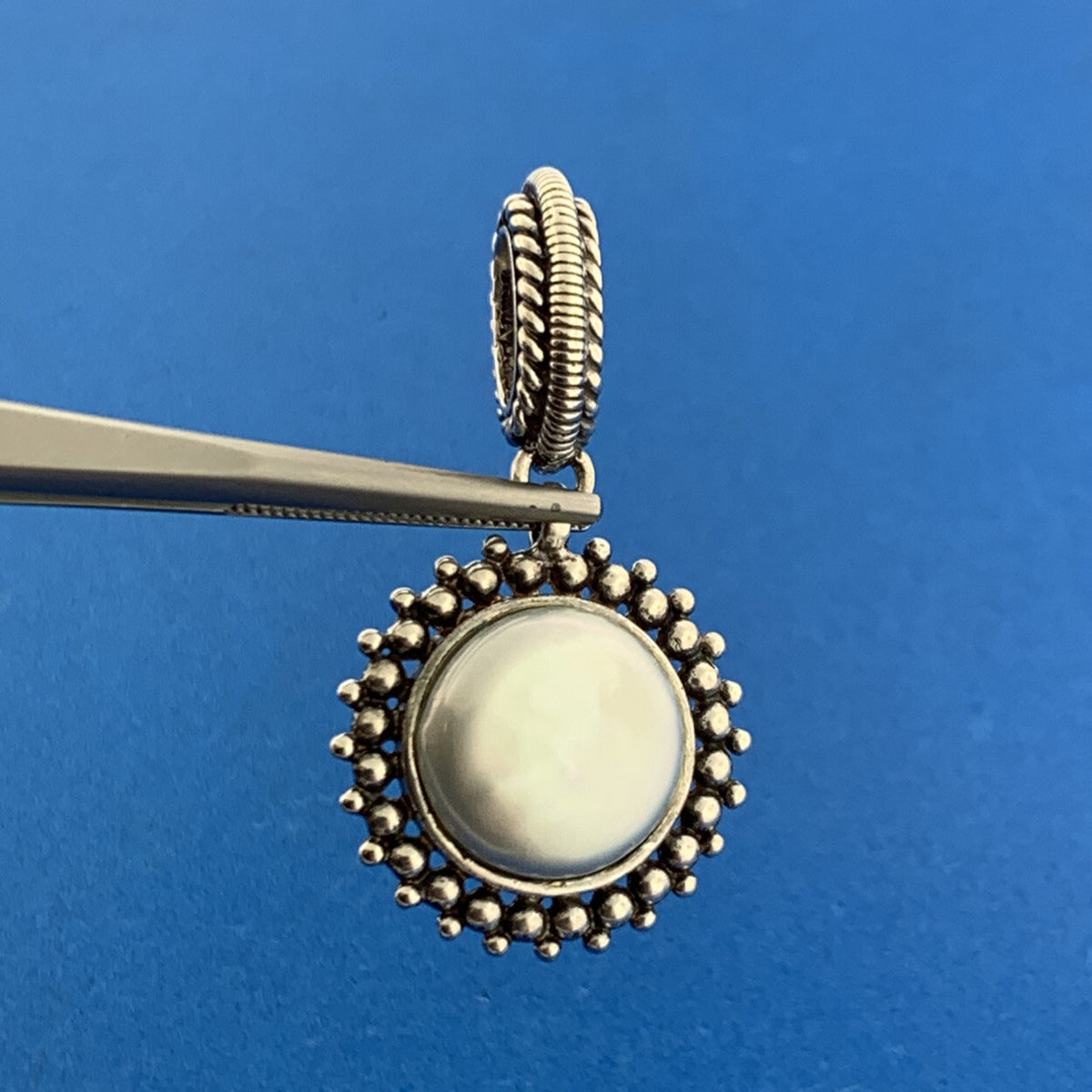 Designer BJ Sterling Silver 925 White Mabe Pearl Beaded Circle Dangle Pendant