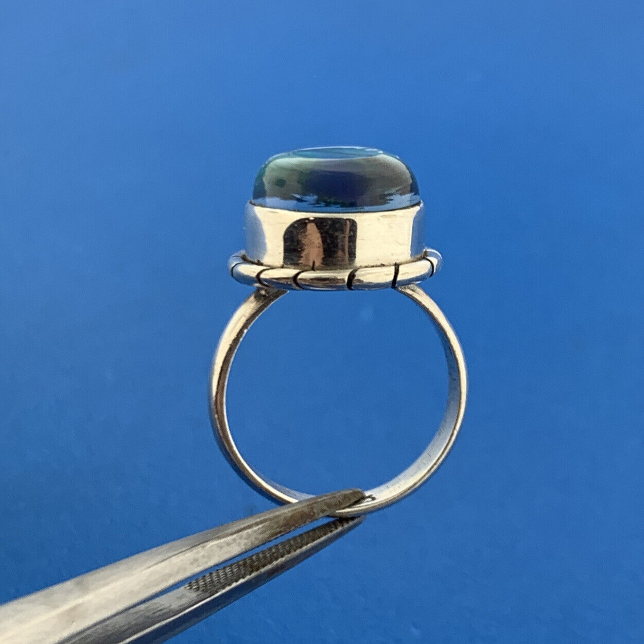 Stunning Sterling Silver 925 Cabochon Blue Green Glass Statement Ring Size 6.25