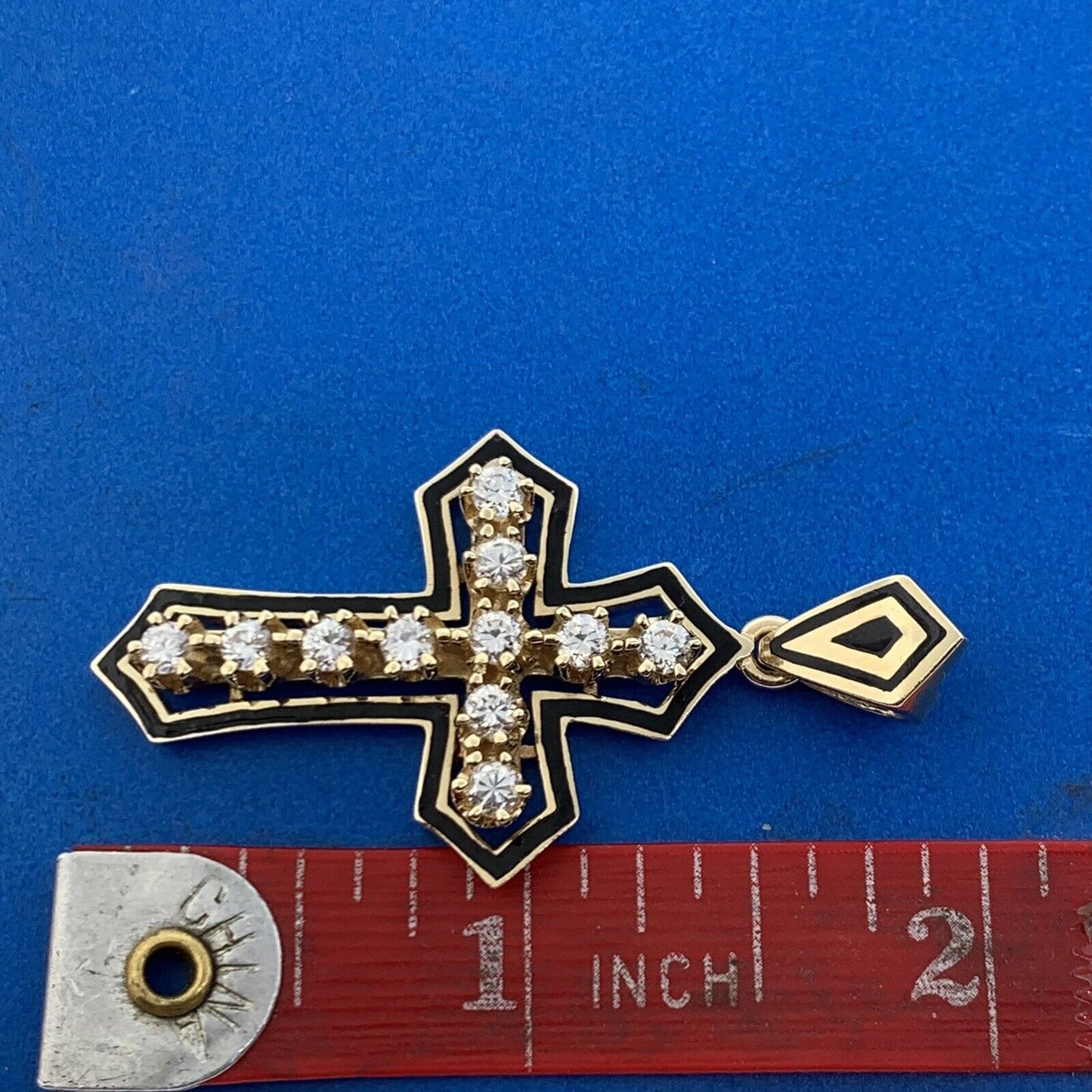 Designer 10K Yellow Gold Cubic Zirconia CZ Black Enamel Statement Cross Pendant