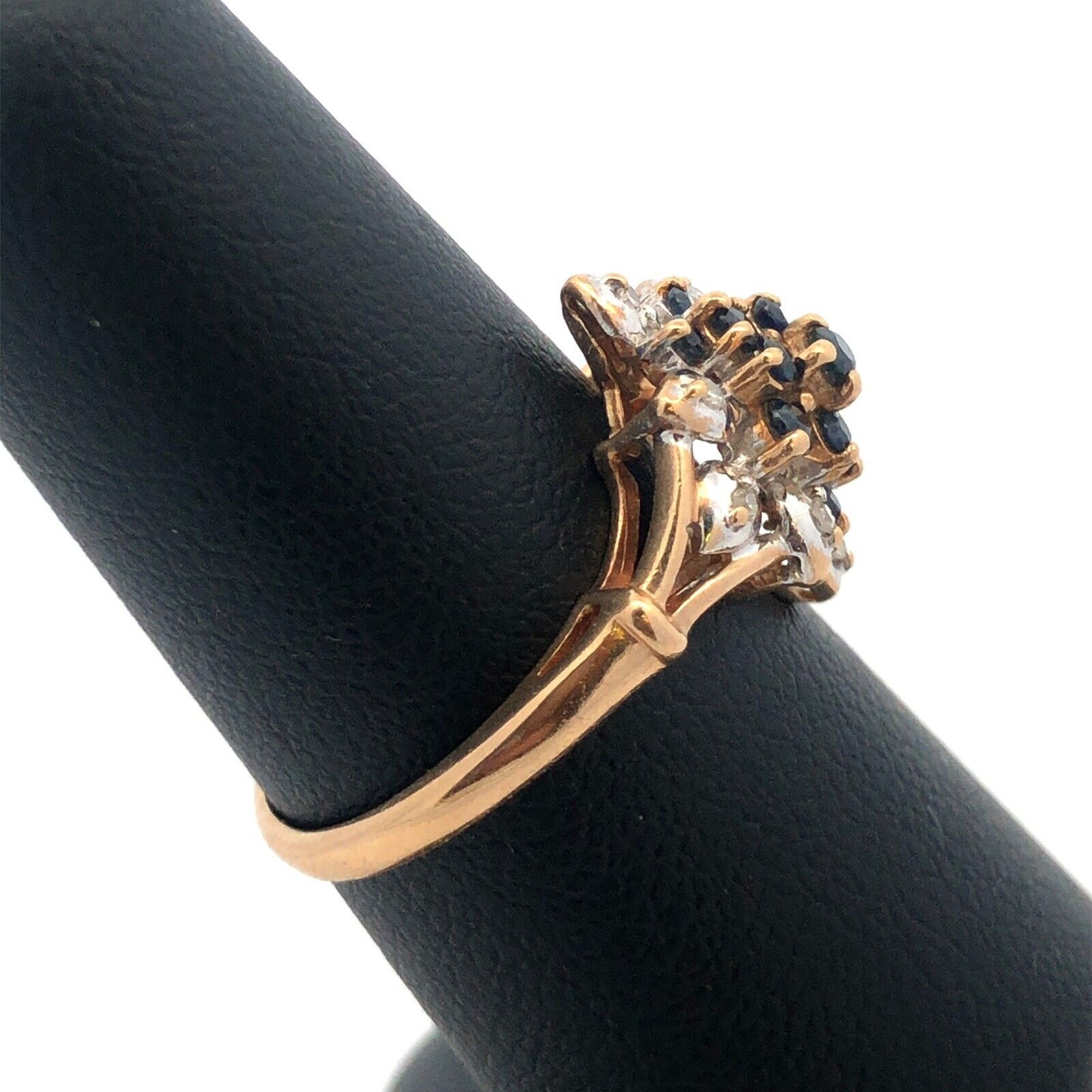 Vintage 10K Yellow Gold Sapphire Diamond Flower Waterfall Cluster Cocktail Ring