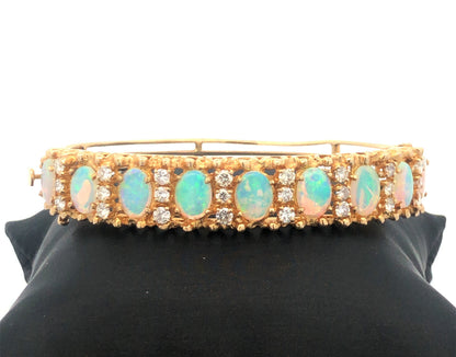 Vintage Jack Gutschneider 14k Yellow Gold Filigree Opal Diamond Cuff Bracelet