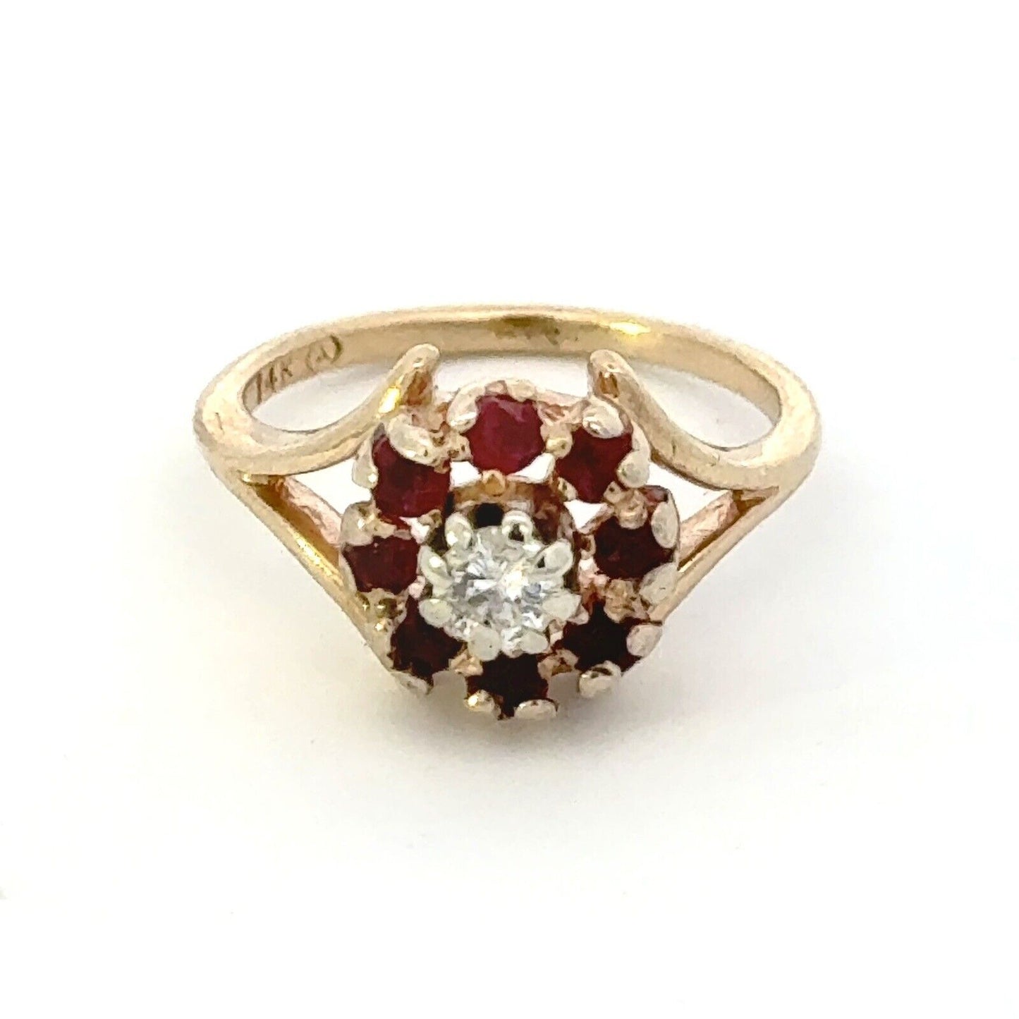 Designer 14K Yellow Gold Diamond Ruby Floral Flower Cocktail Ring