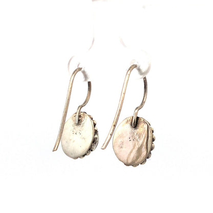 Vintage 925 Sterling Silver Oval Black Onyx Beaded Detail Dangle Hook Earrings
