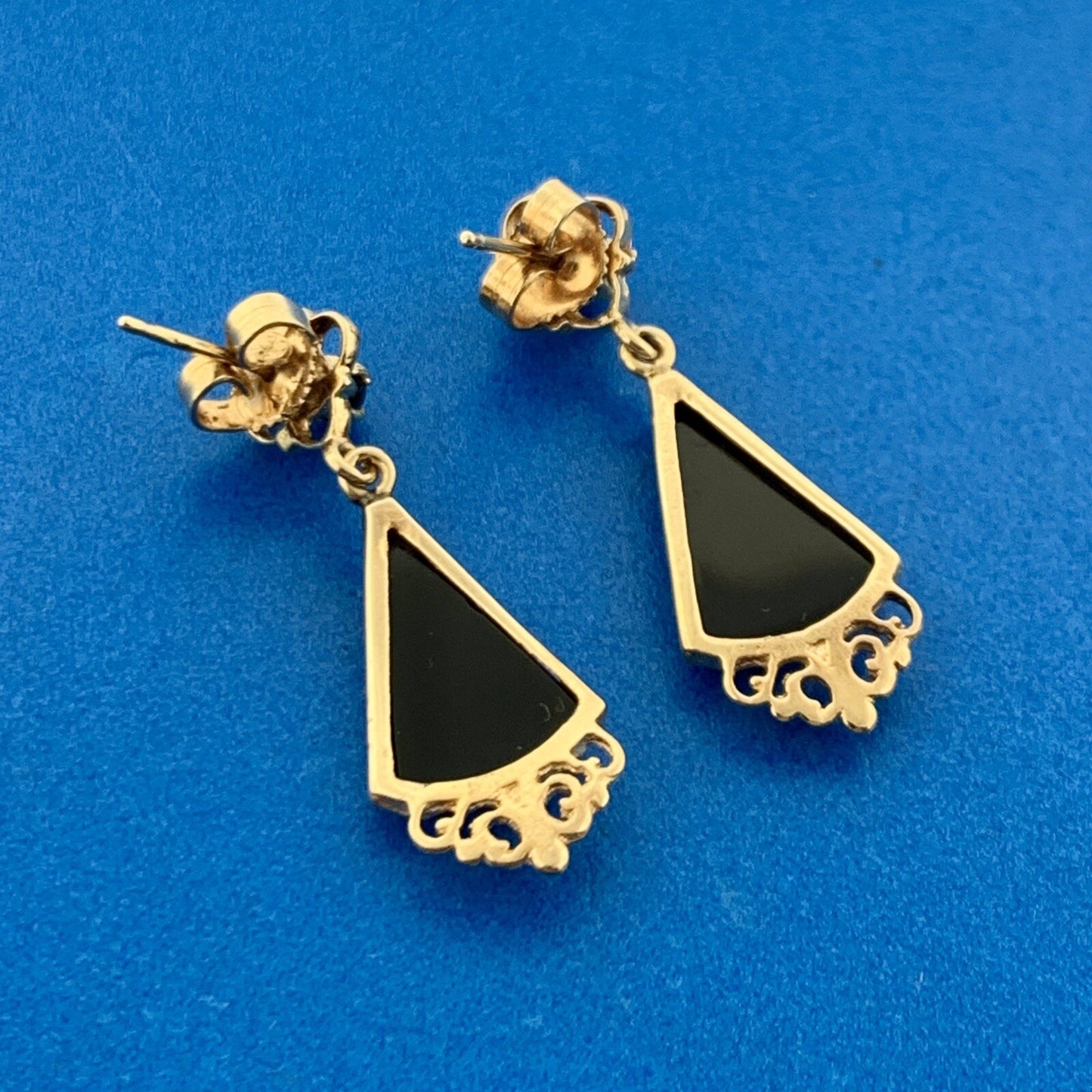Art Nouveau Art Deco 14K Yellow Gold Black Onyx Scroll Drop Dangle Earrings