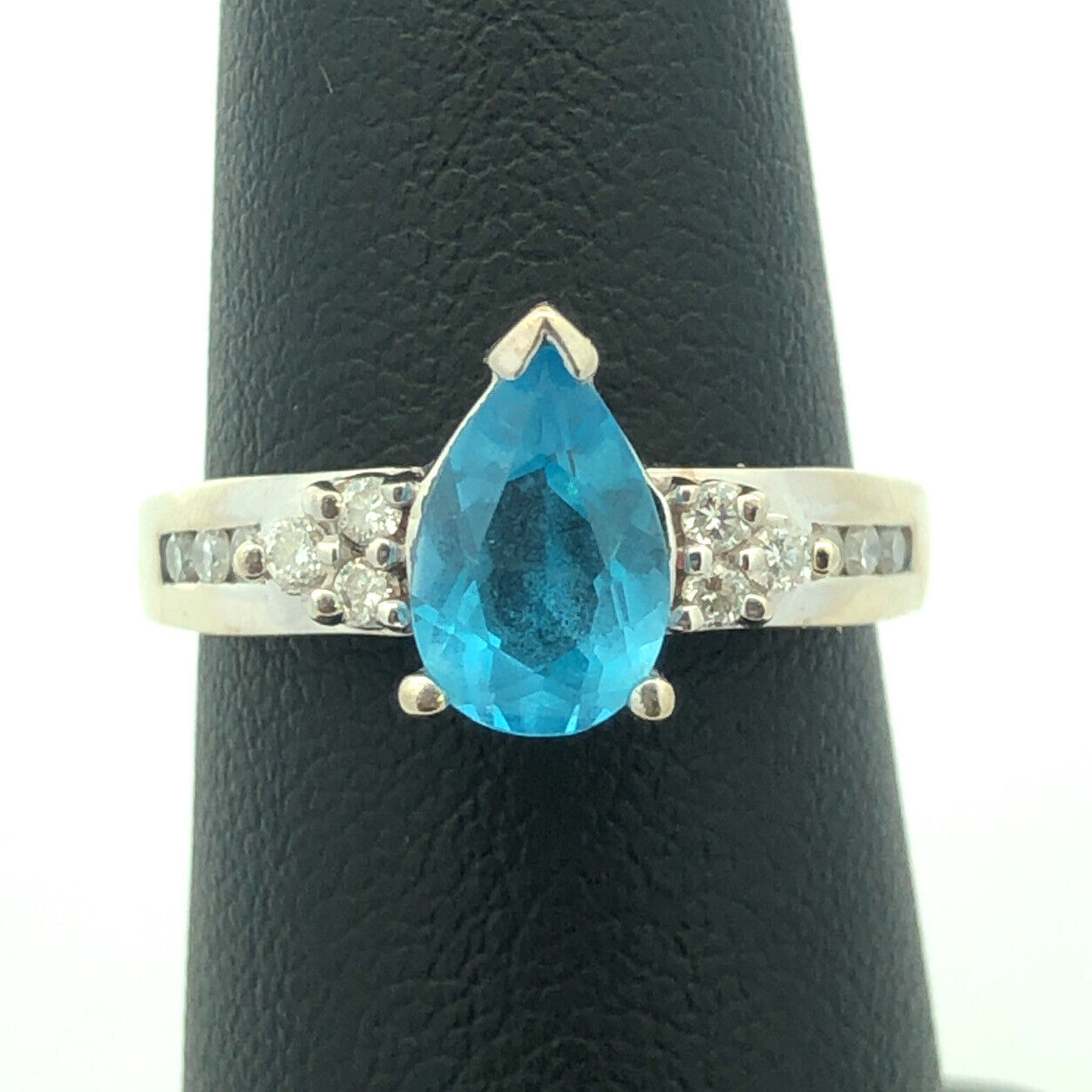 Designer 14K White Gold Pear Blue Topaz Round Diamond Engagement Size 7 Ring