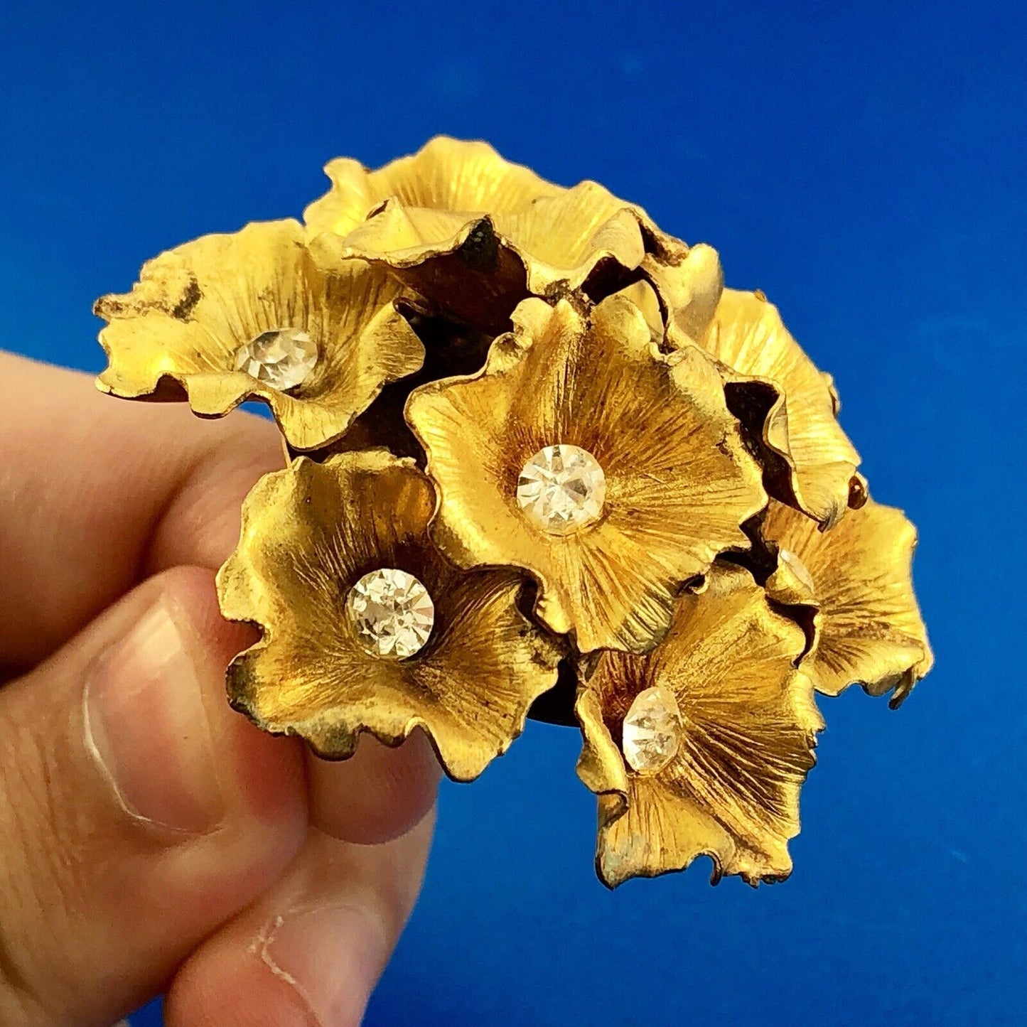 Vintage Gold Tone 3D Rhinestone Floral Cluster Statement Runway Clip Earrings