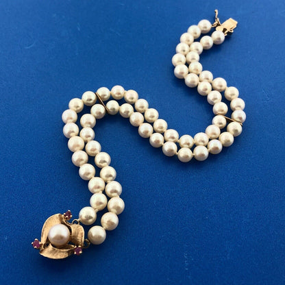Vintage Elegant 14K Yellow Gold Ruby Pearl Double Strand Bridal Pearl Bracelet