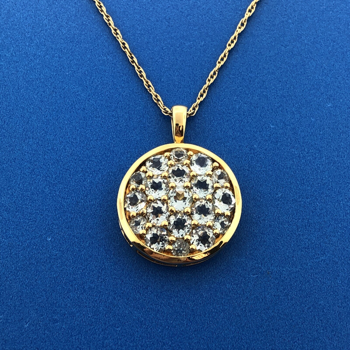 Designer HN Gold Plated Sterling Silver 925 Blue Topaz Circle Pendant Necklace
