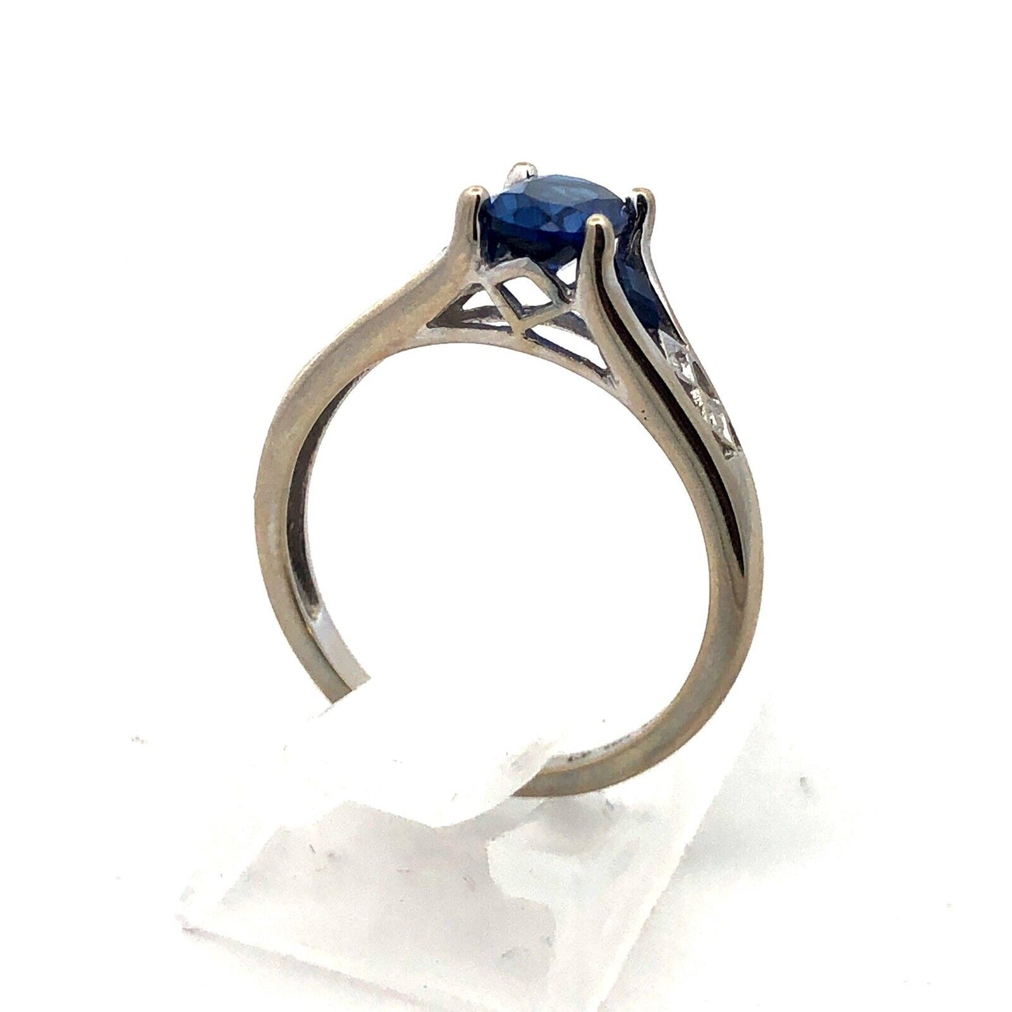 Designer 10K White Gold Oval Blue Sapphire Round Diamond Accented Ring