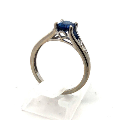 Designer 10K White Gold Oval Blue Sapphire Round Diamond Accented Ring