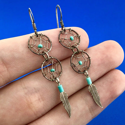 Artisan Sterling Silver 925 Turquoise Intricate Dream Catcher Dangle Earrings