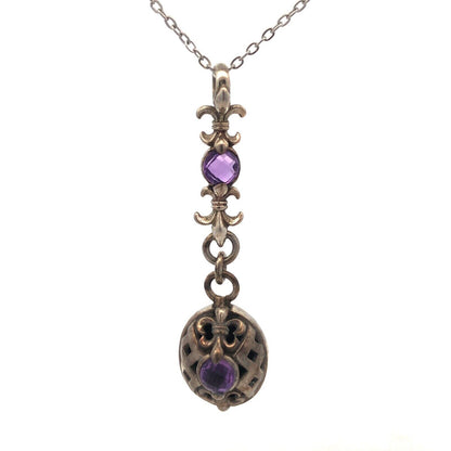 Vintage Designer 925 Sterling Silver Amethyst Fleur De Lis Pendant Necklace
