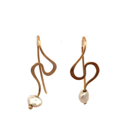 Estate 14K Yellow Gold Pearl Swirl Dangle Drop Modernist Hook Earrings