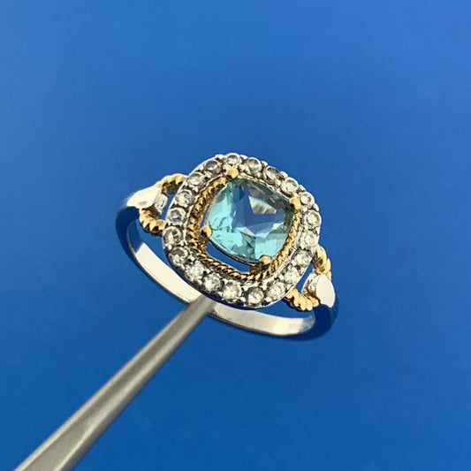 Designer Sterling Silver 925 Blue Topaz Cubic Zirconia Halo Engagement Ring