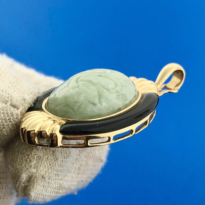 14K Yellow Gold Carved Jade Black Onyx Accented Oval Enhancer Pendant