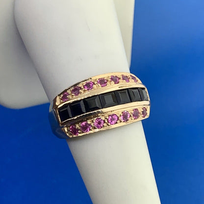 14K Yellow Gold Princess Sapphire Round Ruby Accented Statement Band Ring