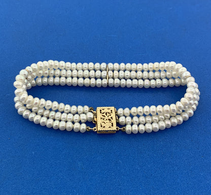 Designer 14K Yellow Gold Pearl June Anniversary Bridal 3 Strand Beaded Bracelet