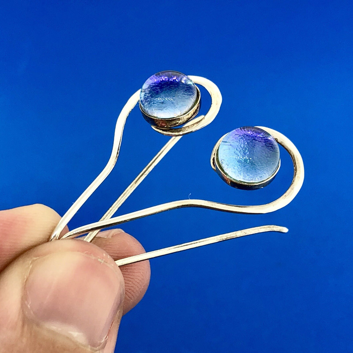 Artisan Sterling Silver 925 Azure Plastic Cabochon Modernist Slide Earrings