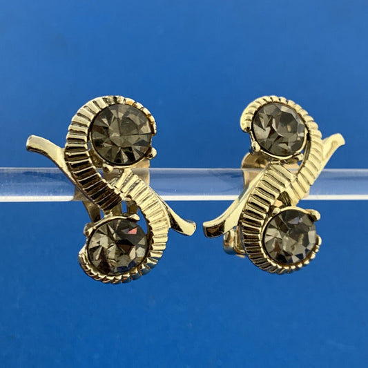 Mid Century Kramer Modernist Gold Tone Topaz Rhinestone Statement Clip Earrings