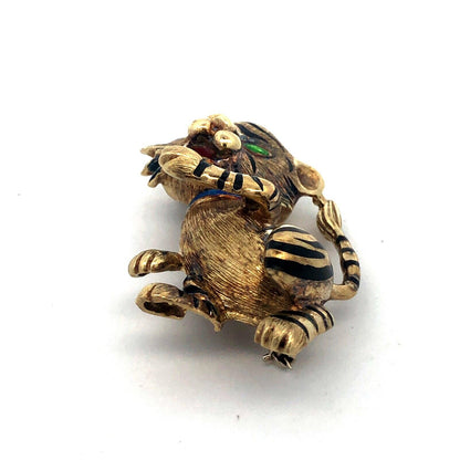 Vintage Martine 14k Yellow Gold Enamel Tiger Cat Brooch Pin Pendant