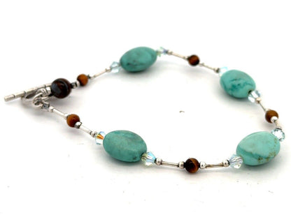 Estate 925 Sterling Silver Turquoise Tigers Eye Crystal Beaded Toggle Bracelet