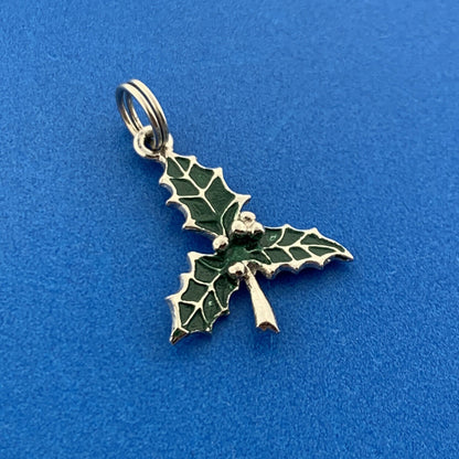 Vintage 925 Sterling Silver Green Enamel Holly Leaf Christmas Pendant Charm