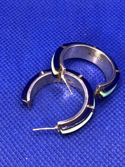 Vintage 925 Sterling Silver Lapis Lazuli Turquoise Butterfly Back Hoop Earrings