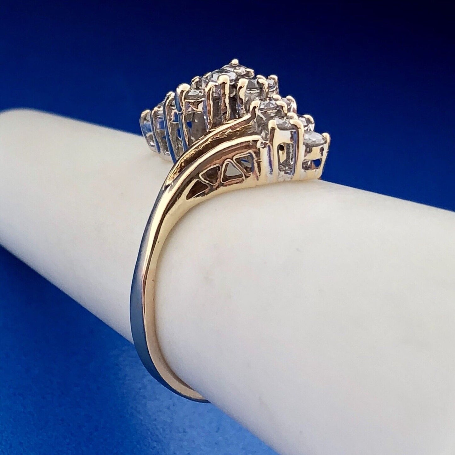 Retro 14K Yellow Gold Diamond Waterfall Cluster Bypass Anniversary Cocktail Ring