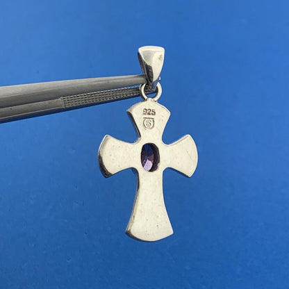 Designer 925 Sterling Silver Oval Amethyst Opal Inlay Modernist Cross Pendant