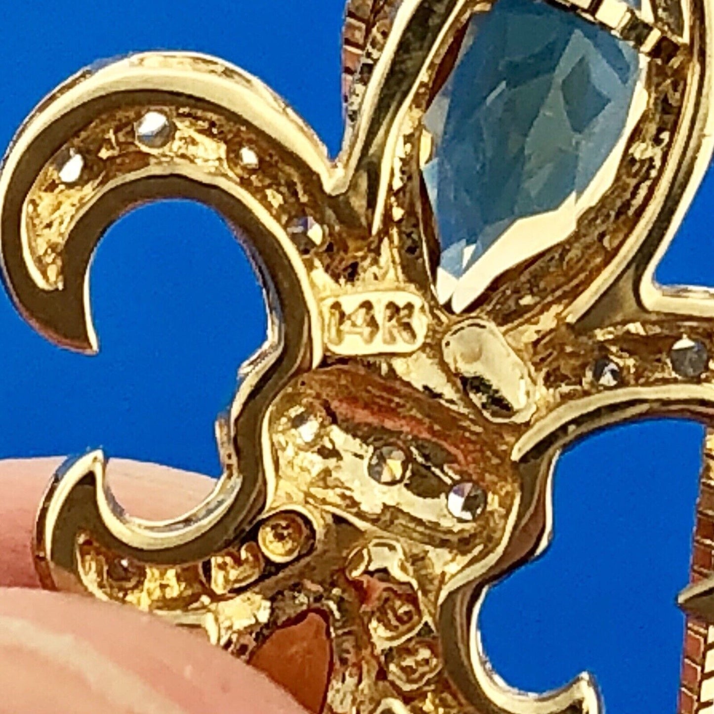 Vintage 14K Yellow White Citrine Diamond Fleur De Lis November Pendant Necklace