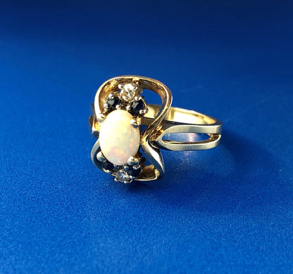 Retro 14K Yellow Gold Diamond Sapphire Opal Modernist Free Form Cocktail Ring