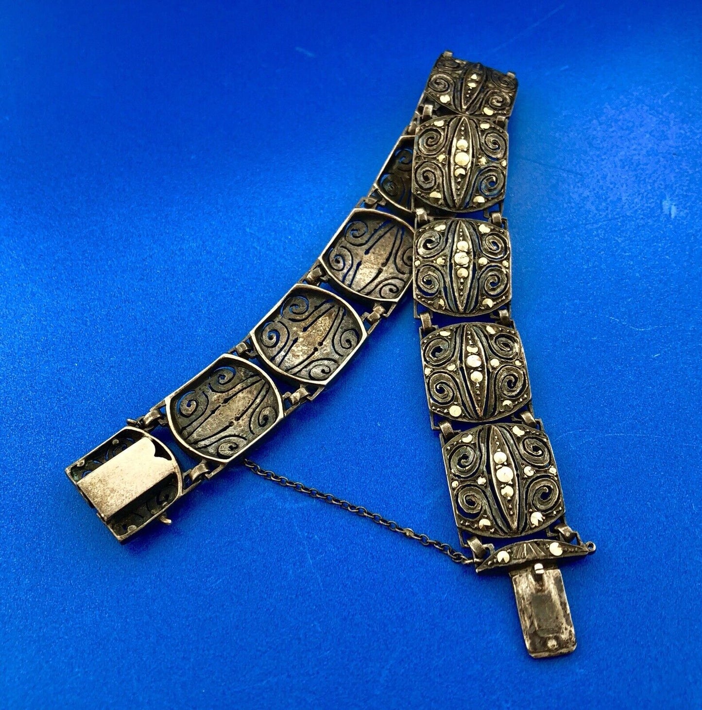 Art Deco Germany 925 Sterling Silver Marcasite Filigree Scroll Panel Bracelet