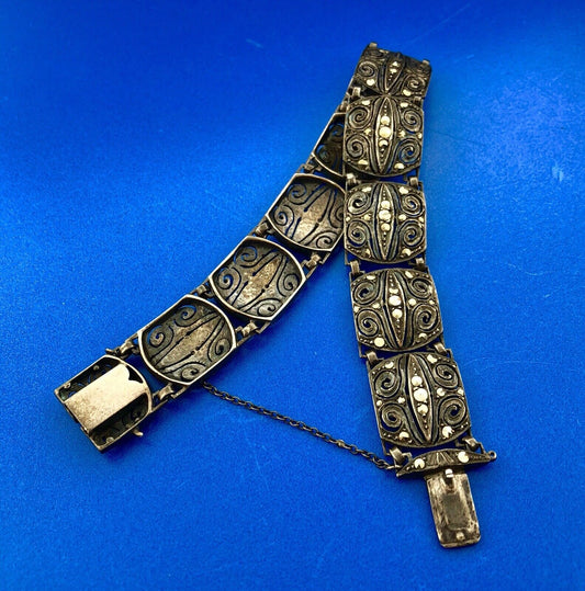 Art Deco Germany 925 Sterling Silver Marcasite Filigree Scroll Panel Bracelet