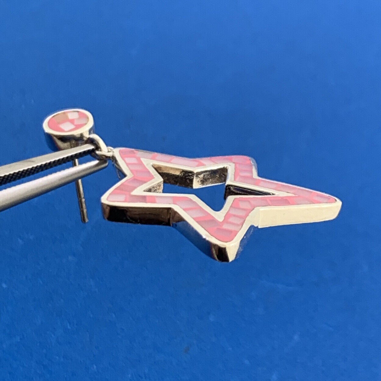 Designer Sterling Silver Mother Of Pearl Inlay Pink Enamel Star Dangle Earrings