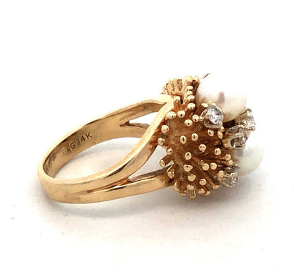 Designer EAG 14K Yellow Gold Round Pearl Diamond Textured Dome Statement Ring