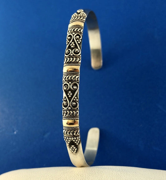 Designer Sterling Silver 18K Yellow Gold Dot Bead Scroll Work Bangle Bracelet