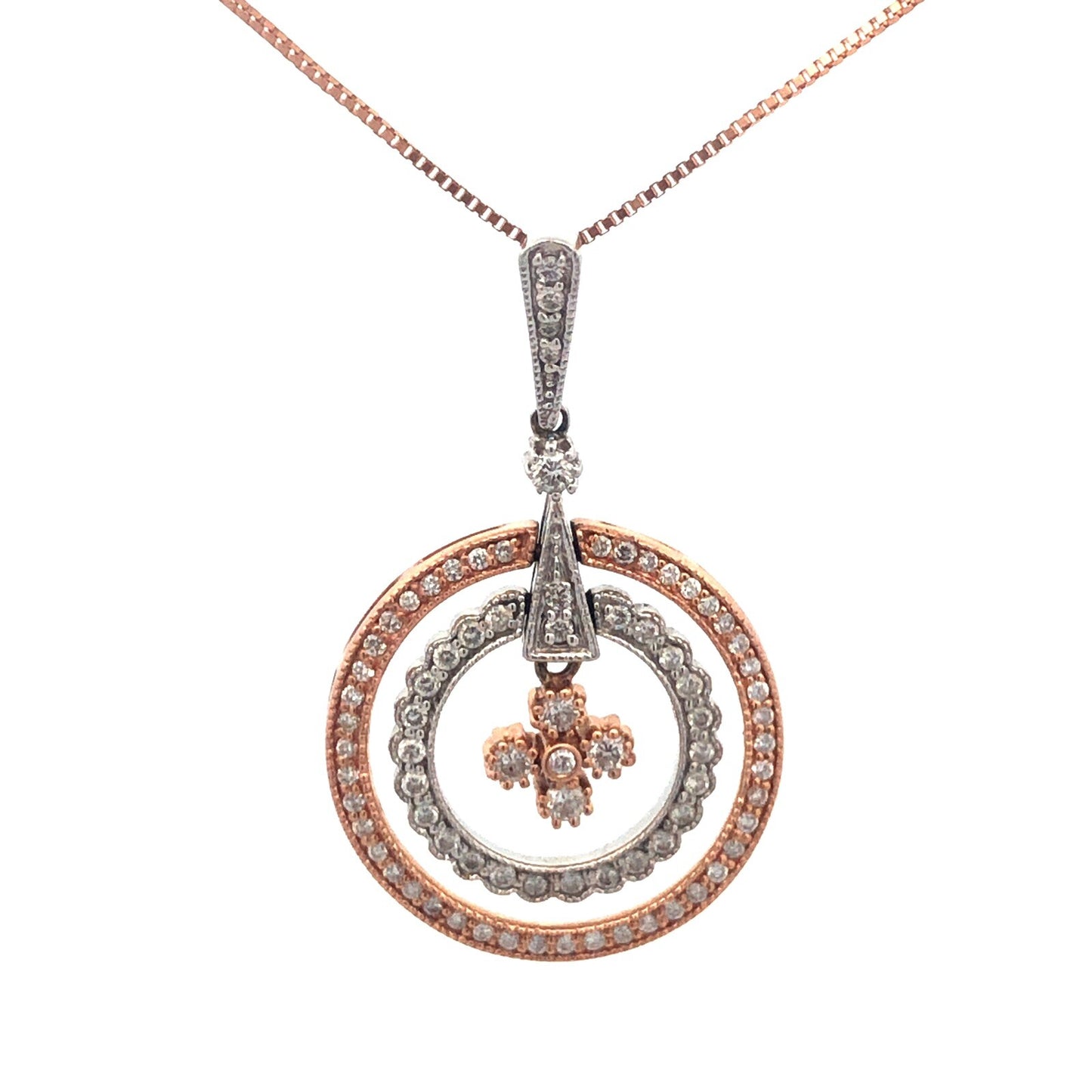 14K Rose White Gold Diamond Double Eternity Circle Pendant Necklace