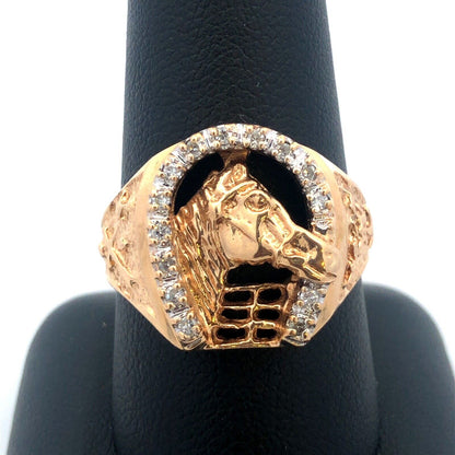 Vintage Designer 10K Yellow Gold Diamond Horse Head Horse Shoe Good Luck Ring