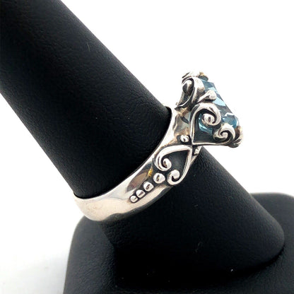 Designer 925 Sterling Silver Round Blue Topaz Solitaire Heart Scroll Ring