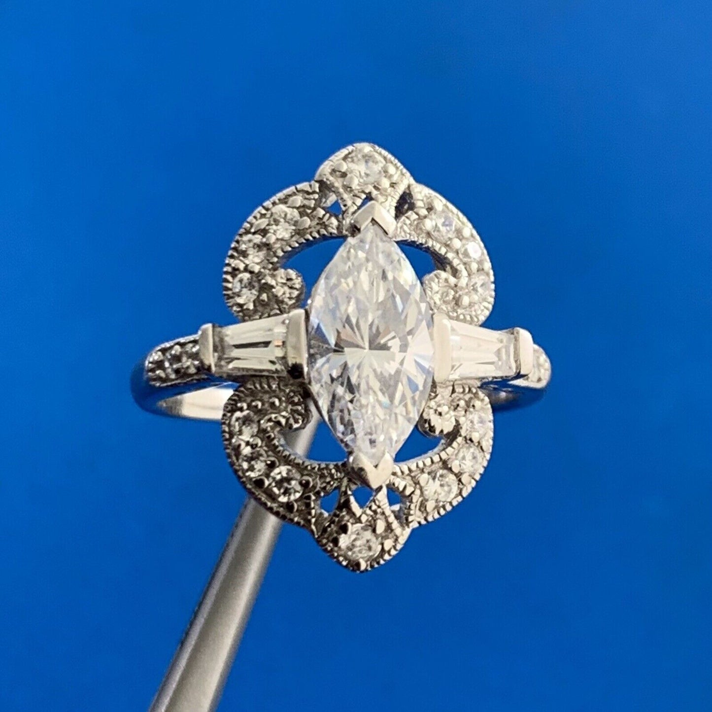 Designer MEDA 14K White Gold Cubic Zirconia Solitaire W/Accents Statement Ring