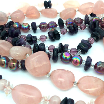Custom Silver Tone Rose Quartz Amethyst Glass Bead Harmony Love Healing Necklace