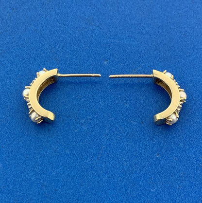 14K Yellow Gold Pearl Diamond Half Hoop Stud Earrings