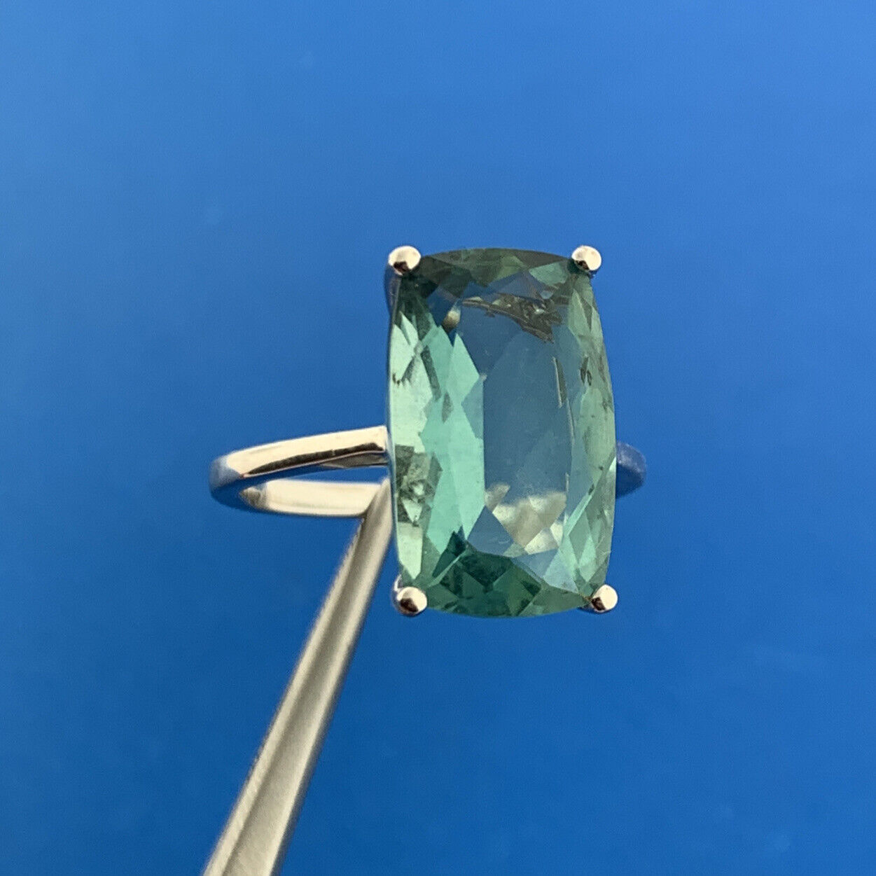 Designer Sterling Silver Rectangle Green Topaz Solitaire November Occasion Ring