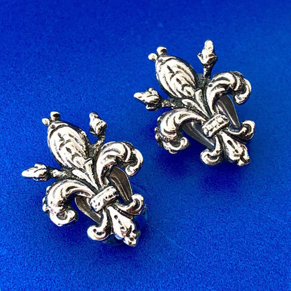 Antique 800 Fine Silver Detailed Artisan Fleur De Lis Clip On Stud Earrings
