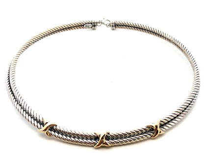Designer 925 Sterling Silver 14K Gold Twist X Two Tone Collar Necklace
