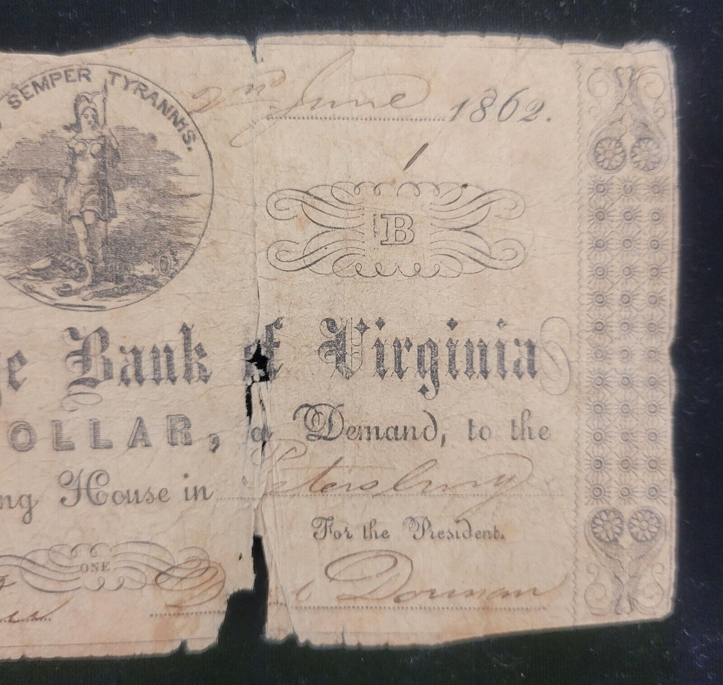 1862 $1 Exchange Bank of Virginia, Norfolk, VA Obsolete Currency Bank Note
