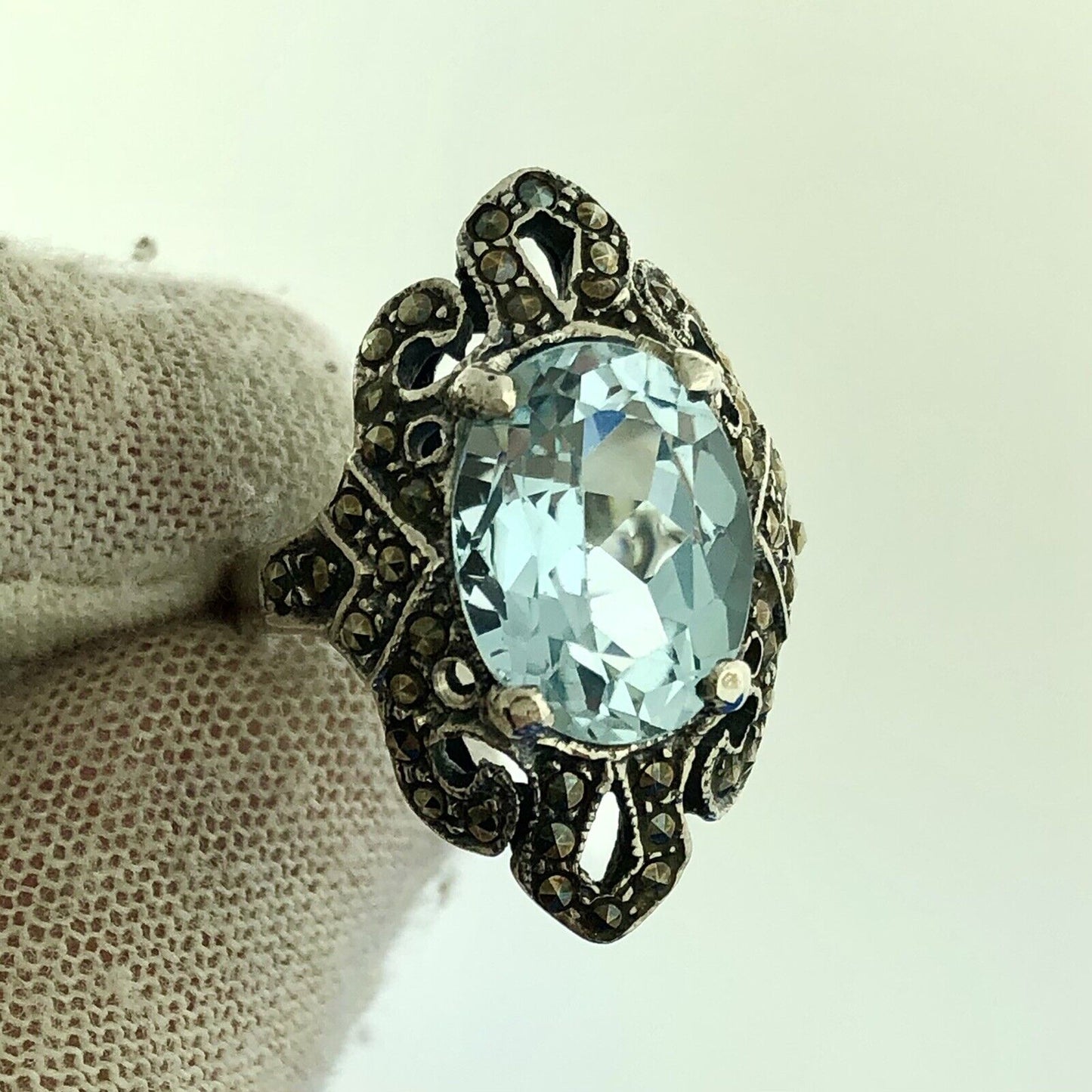 Estate 925 Sterling Silver Oval Blue Topaz Marcasite December Anniversary Ring