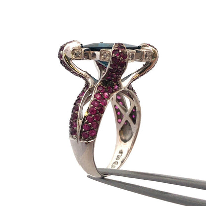 Sterling Silver London Blue Topaz Ruby Diamond Statement Cocktail Ring